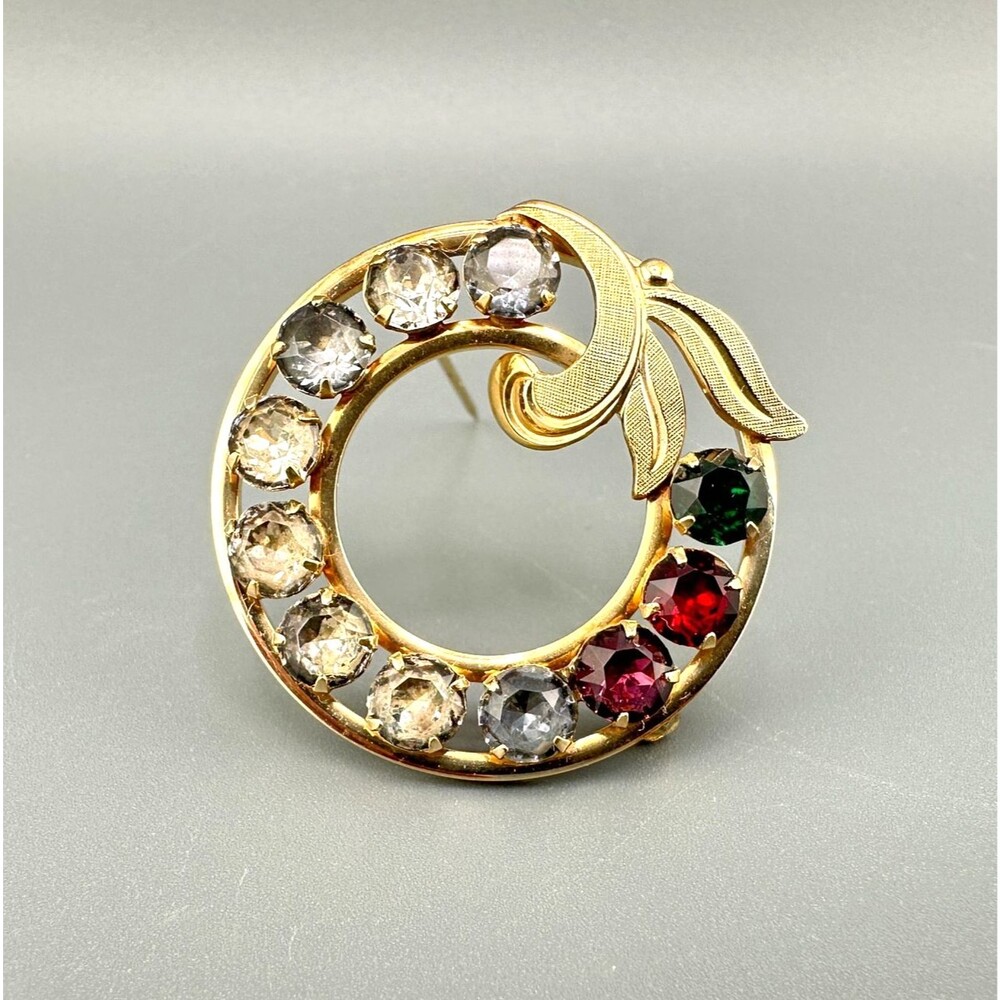 Vintage GF Rhinestone Brooch Van Dell Circle Wreath Multi Color 1/20 12K Signed